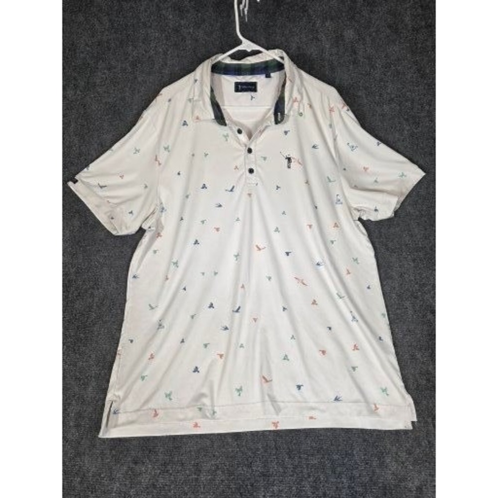 William Murray Golf Polo Mens Large White Flying Birds Tartan Plaid Collar Shirt